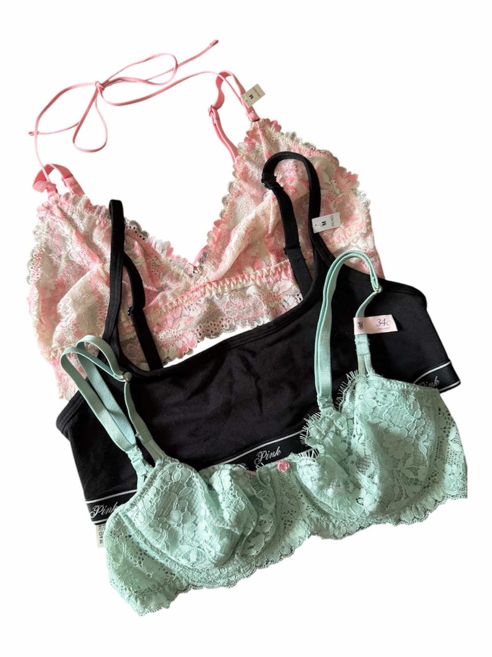 Victoria’s Secret PINK Bundle Bra Lot 3pc NWT 34C & M Lace Sexy Lingerie Floral